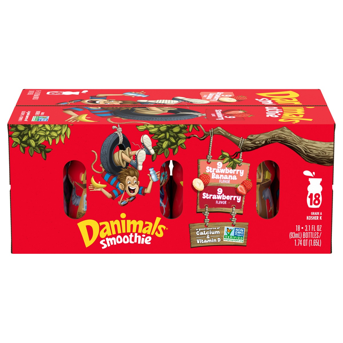 slide 1 of 5, Danimals Smoothie Strawberry Explosion and Swingin' Strawberry Banana Dairy Drink Multi-Pack, Easy Snacks for Kids, 18 Ct, 3.1 OZ Smoothie Bottles, 3.10 fl oz