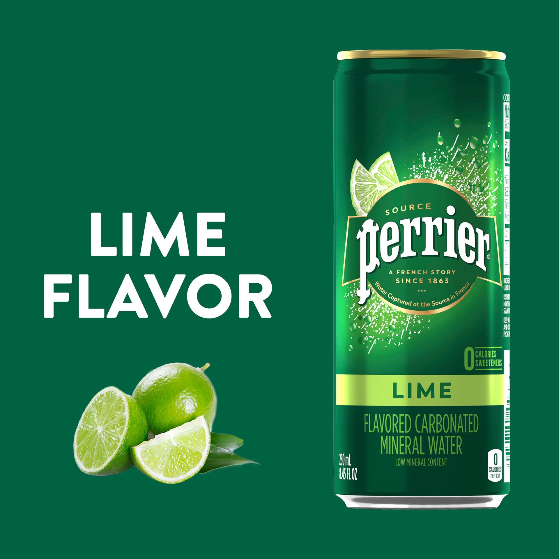 slide 3 of 3, Perrier Lime Flavored Sparkling Water, 8.45 FL OZ Slim Cans (30 Count), 253.50 oz