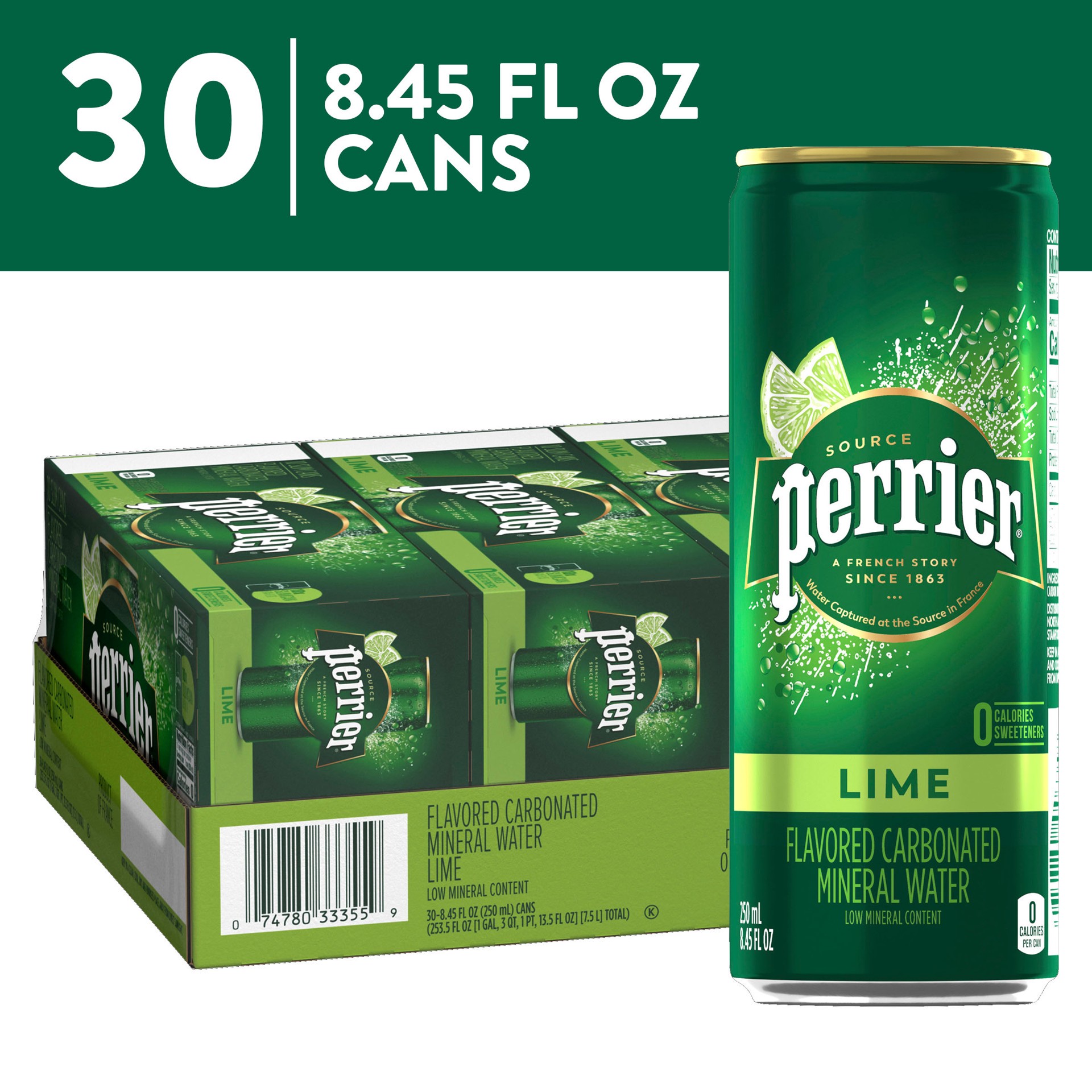 slide 1 of 3, Perrier Lime Flavored Sparkling Water, 8.45 FL OZ Slim Cans (30 Count), 253.50 oz