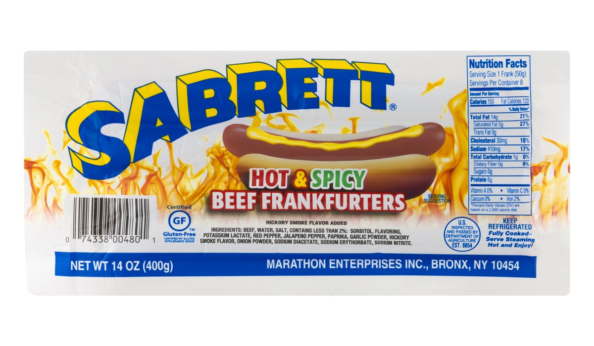 slide 1 of 1, Sabrett Hot & Spicy Beef Frankfurters, 14 oz
