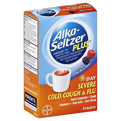 slide 1 of 1, Alka-Seltzer Plus Day Severe Cold + Flu Fast Relief Honey Lemon Multi-Symptom Relief Mix-In Packets, 6 ct