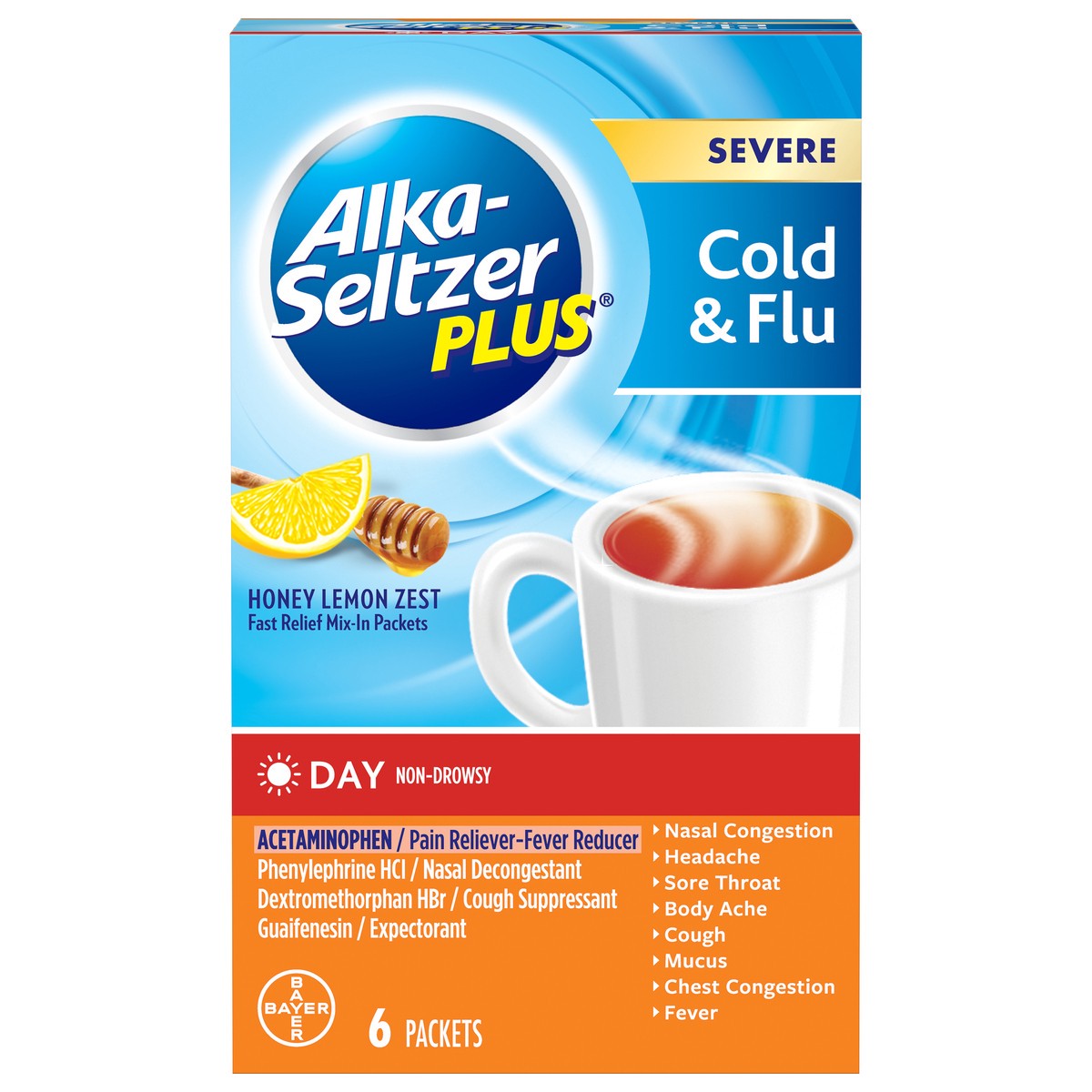 slide 1 of 8, Alka-Seltzer Day Honey Lemon Zest Severe Cold & Flu 6 ea, 6 ct
