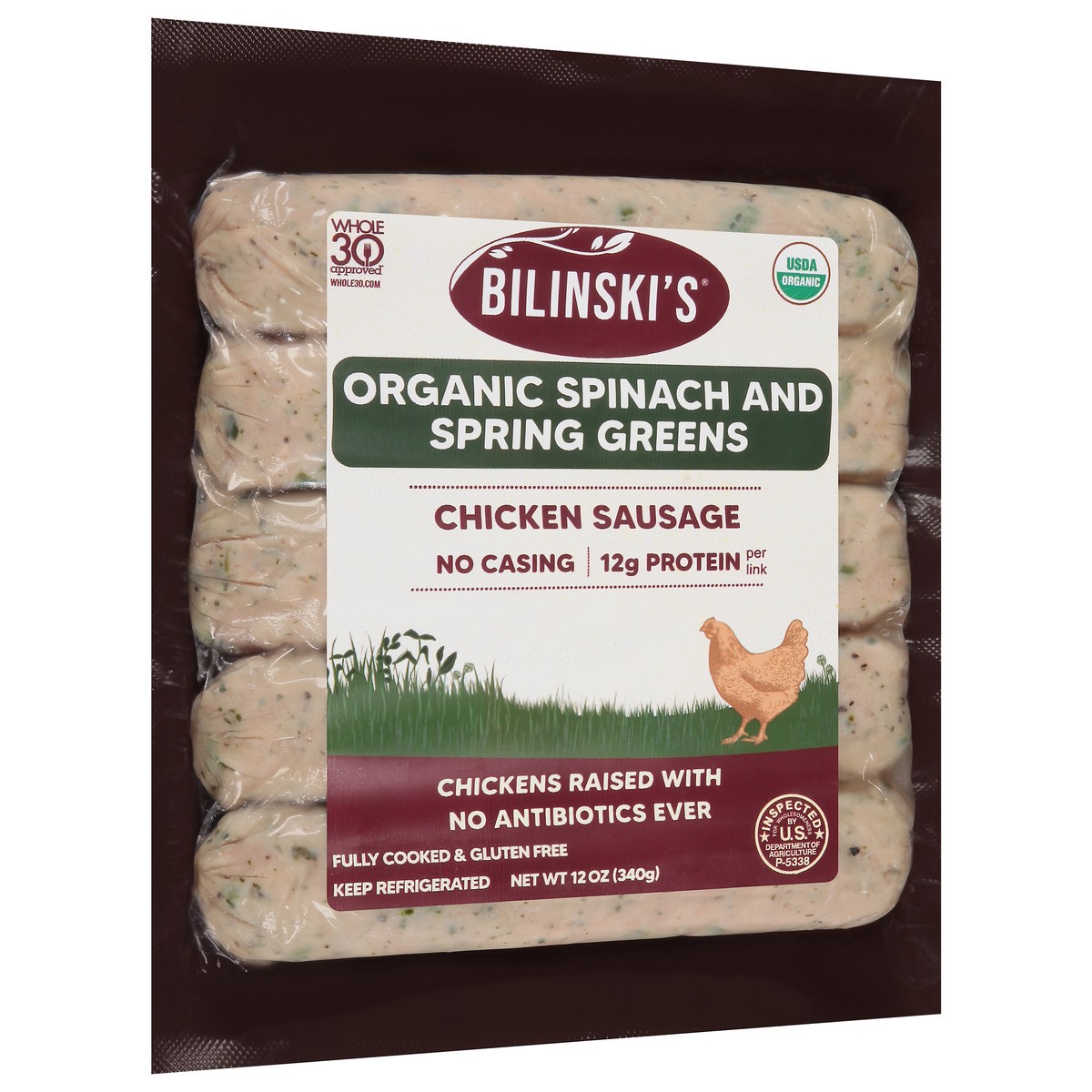 slide 2 of 13, Bilinski's Organic Spinach & Spring Greens Chicken Sausage, 12 oz