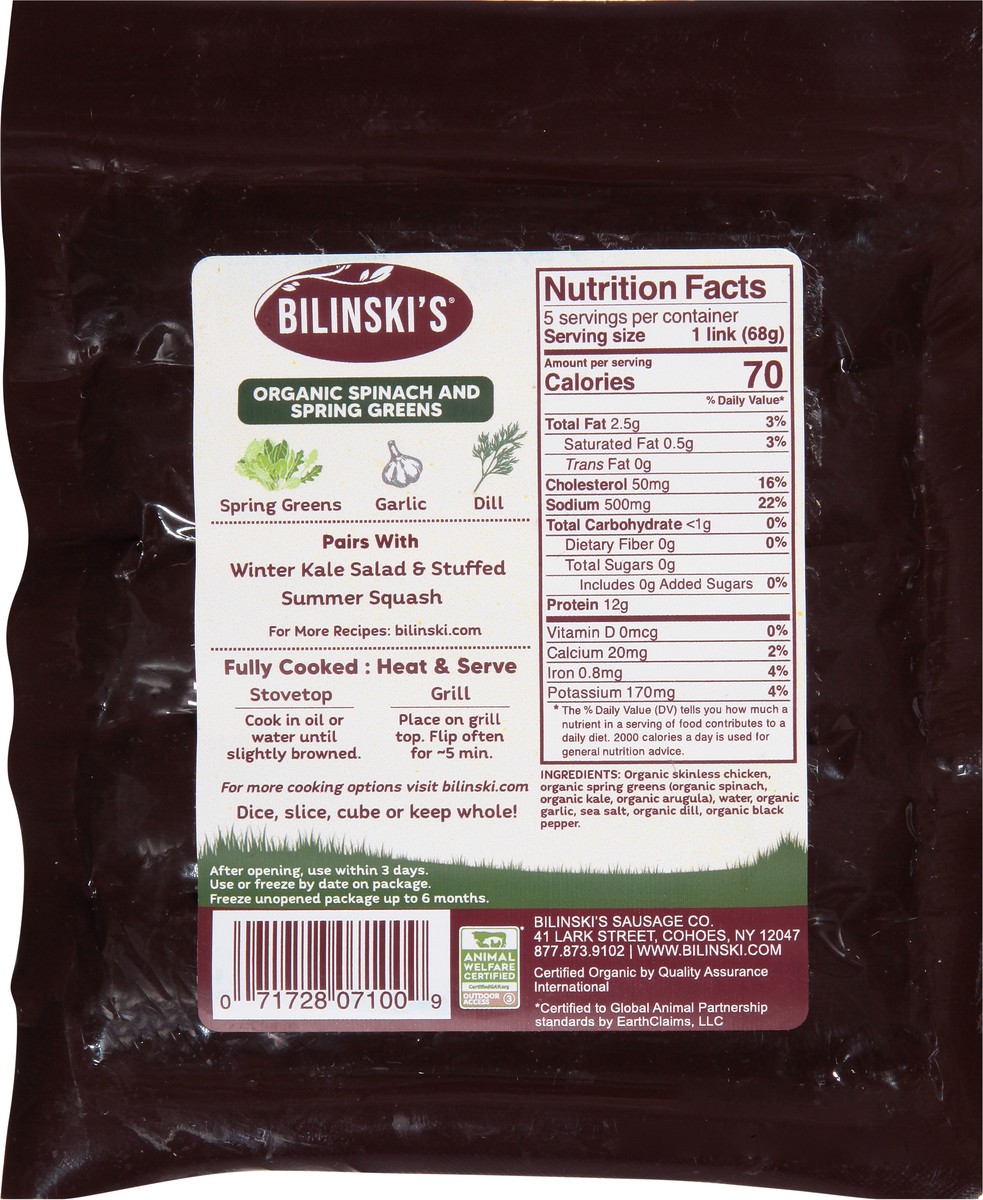 slide 5 of 13, Bilinski's Organic Spinach & Spring Greens Chicken Sausage, 12 oz