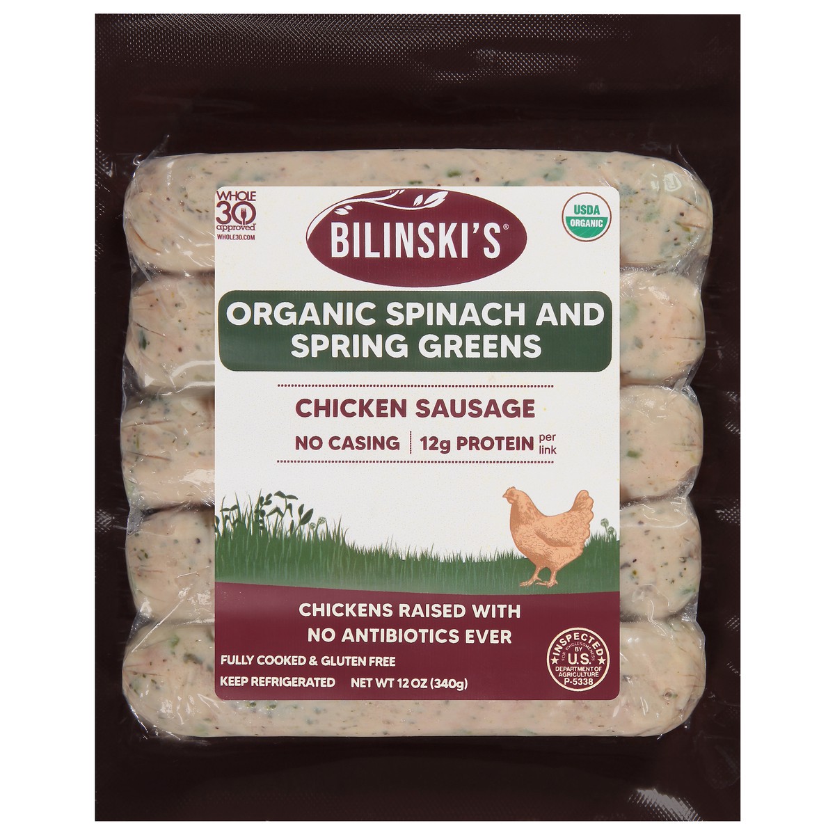 slide 1 of 13, Bilinski's Organic Spinach & Spring Greens Chicken Sausage, 12 oz