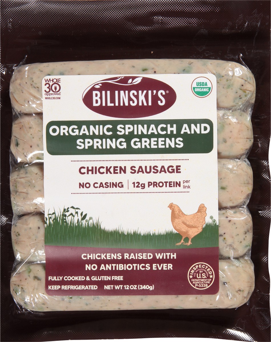 slide 8 of 13, Bilinski's Organic Spinach & Spring Greens Chicken Sausage, 12 oz