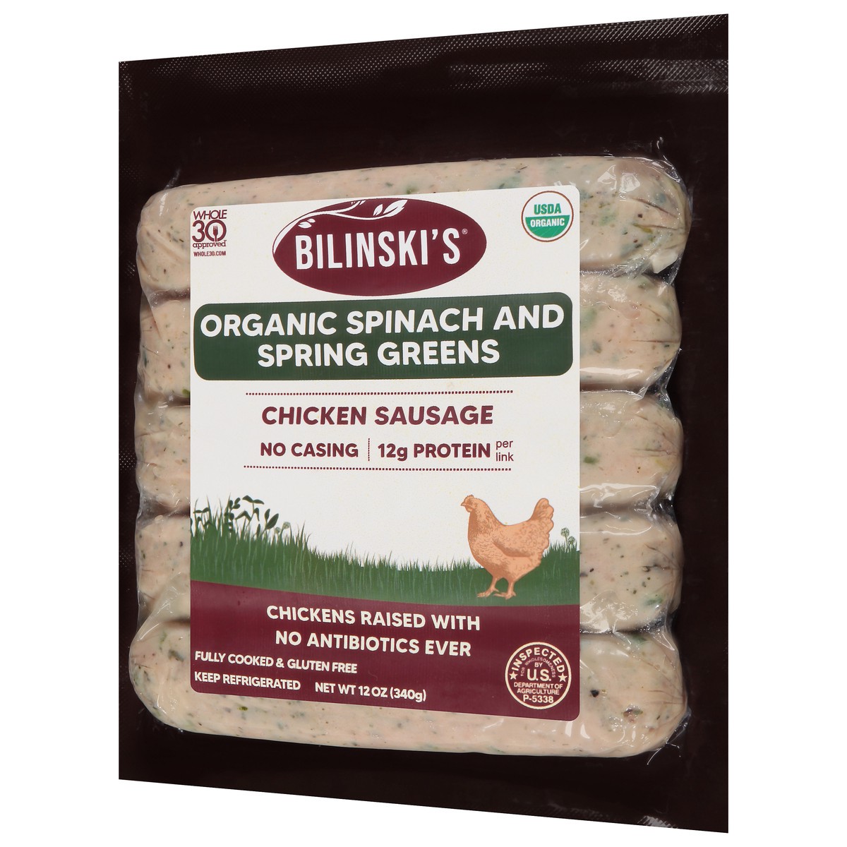 slide 11 of 13, Bilinski's Organic Spinach & Spring Greens Chicken Sausage, 12 oz