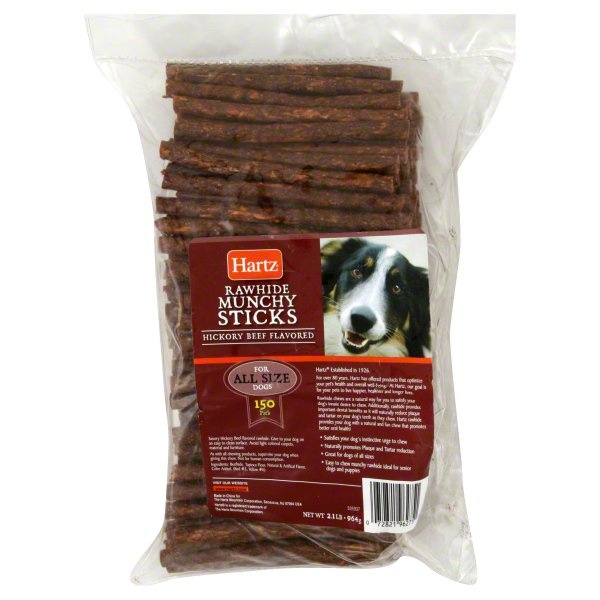 slide 1 of 1, Hartz Rawhide Munchy Sticks, Hickory Beef Flavored, 150 ct