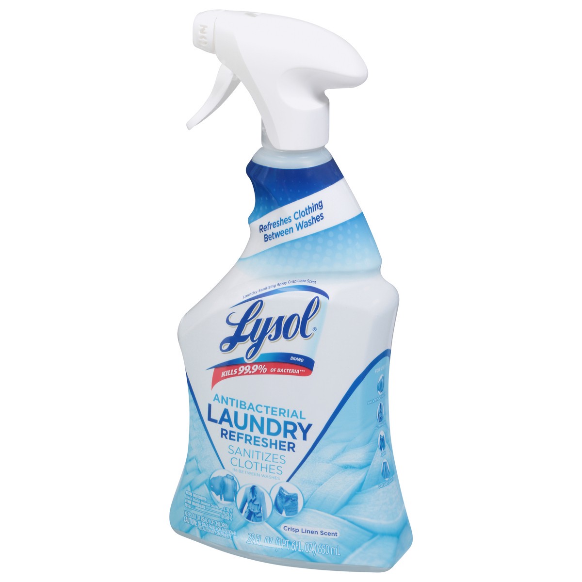slide 8 of 9, Lysol Antibacterial Laundry Refresher Spray, Sanitizing Spray for Clothes, Removes Odor Causing Bacteria, Crisp Linen Scent, 22oz, 22 oz