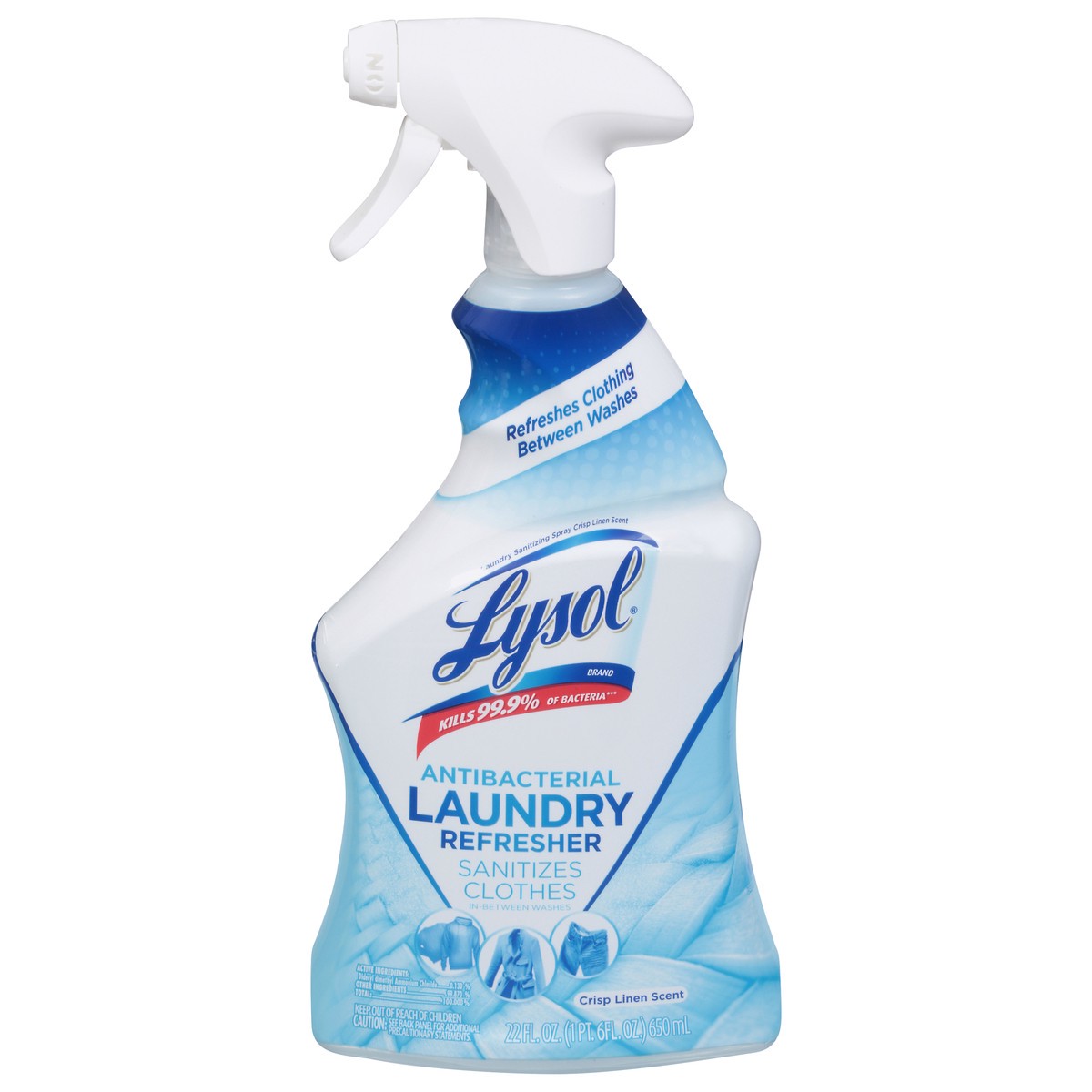 slide 1 of 9, Lysol Antibacterial Laundry Refresher Spray, Sanitizing Spray for Clothes, Removes Odor Causing Bacteria, Crisp Linen Scent, 22oz, 22 oz