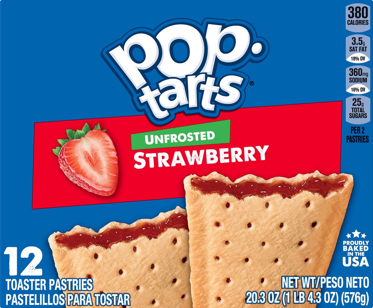 slide 2 of 7, Pop-Tarts Toaster Pastries, Breakfast Foods, Kids Snacks, Unfrosted Strawberry, 20.3oz Box, 12 Pop-Tarts, 20.3 oz