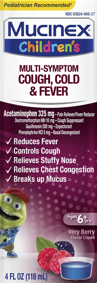 slide 2 of 11, Mucinex Children's Multi-Symptom Cough, Cold and Fever Liquid, Very Berry, 4 Ounce (Packaging May Vary), 4 oz