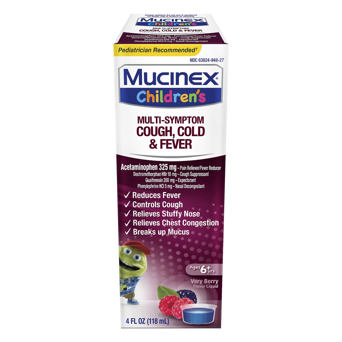 slide 1 of 11, Mucinex Children's Multi-Symptom Cough, Cold and Fever Liquid, Very Berry, 4 Ounce (Packaging May Vary), 4 oz