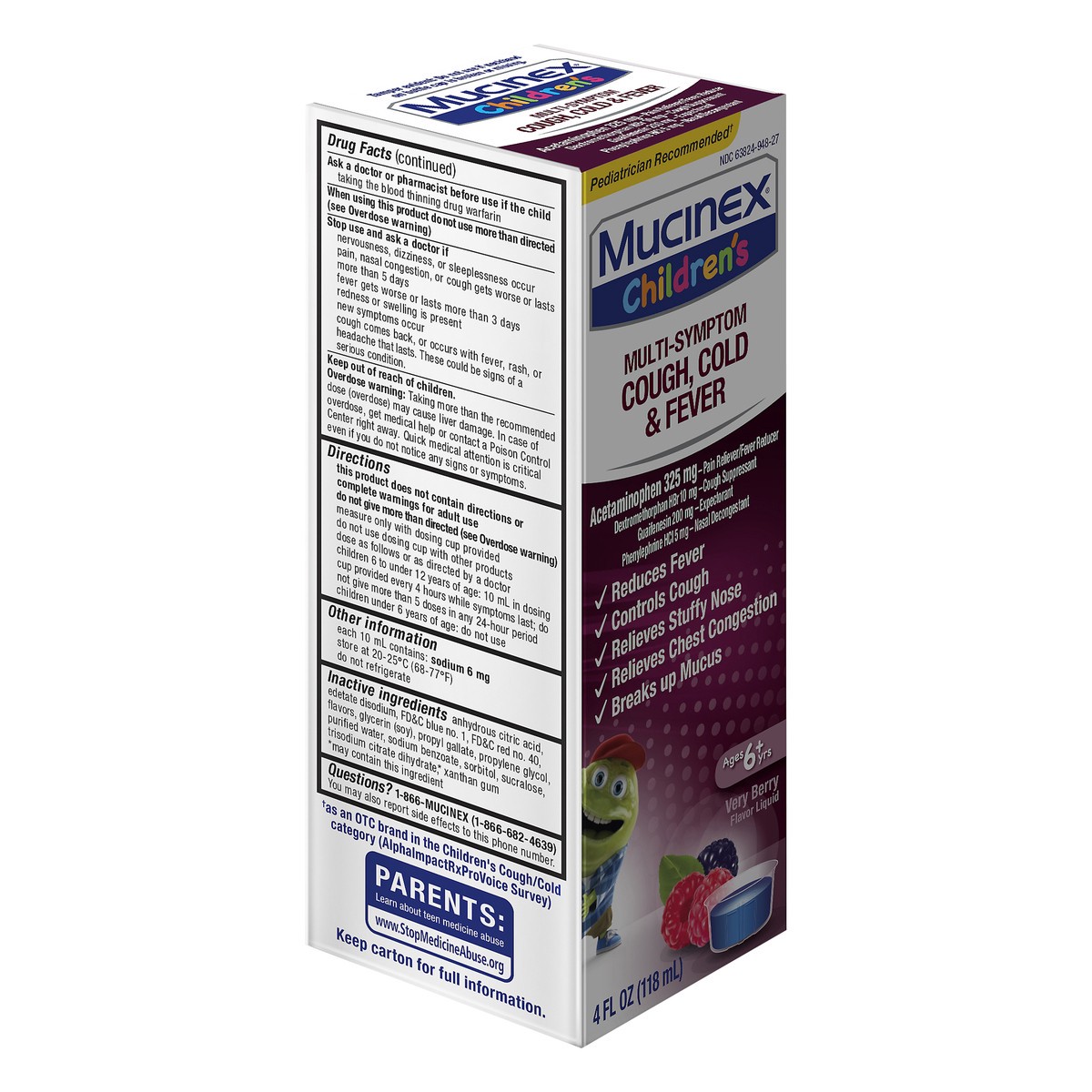 slide 5 of 11, Mucinex Children's Multi-Symptom Cough, Cold and Fever Liquid, Very Berry, 4 Ounce (Packaging May Vary), 4 oz