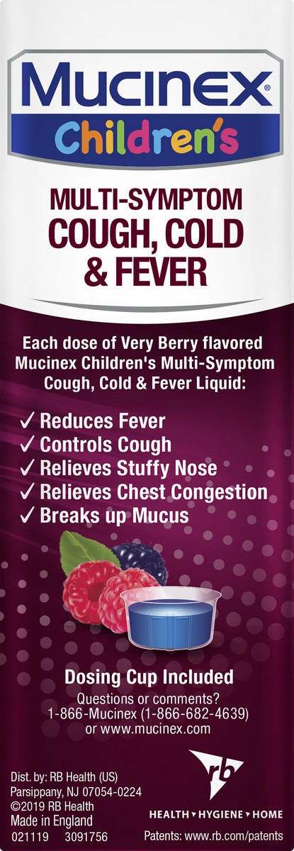 slide 10 of 11, Mucinex Children's Multi-Symptom Cough, Cold and Fever Liquid, Very Berry, 4 Ounce (Packaging May Vary), 4 oz