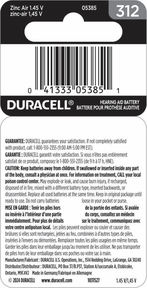 slide 5 of 5, Duracell Hearing Aid Battery, Size 312, 8 pk, 8 oz