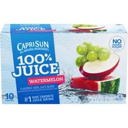Capri Sun Watermelon Flavored 100% Juice Blend from Concentrate with added ingredients and other natural flavor 10 ct Box, 6 fl oz Pouches