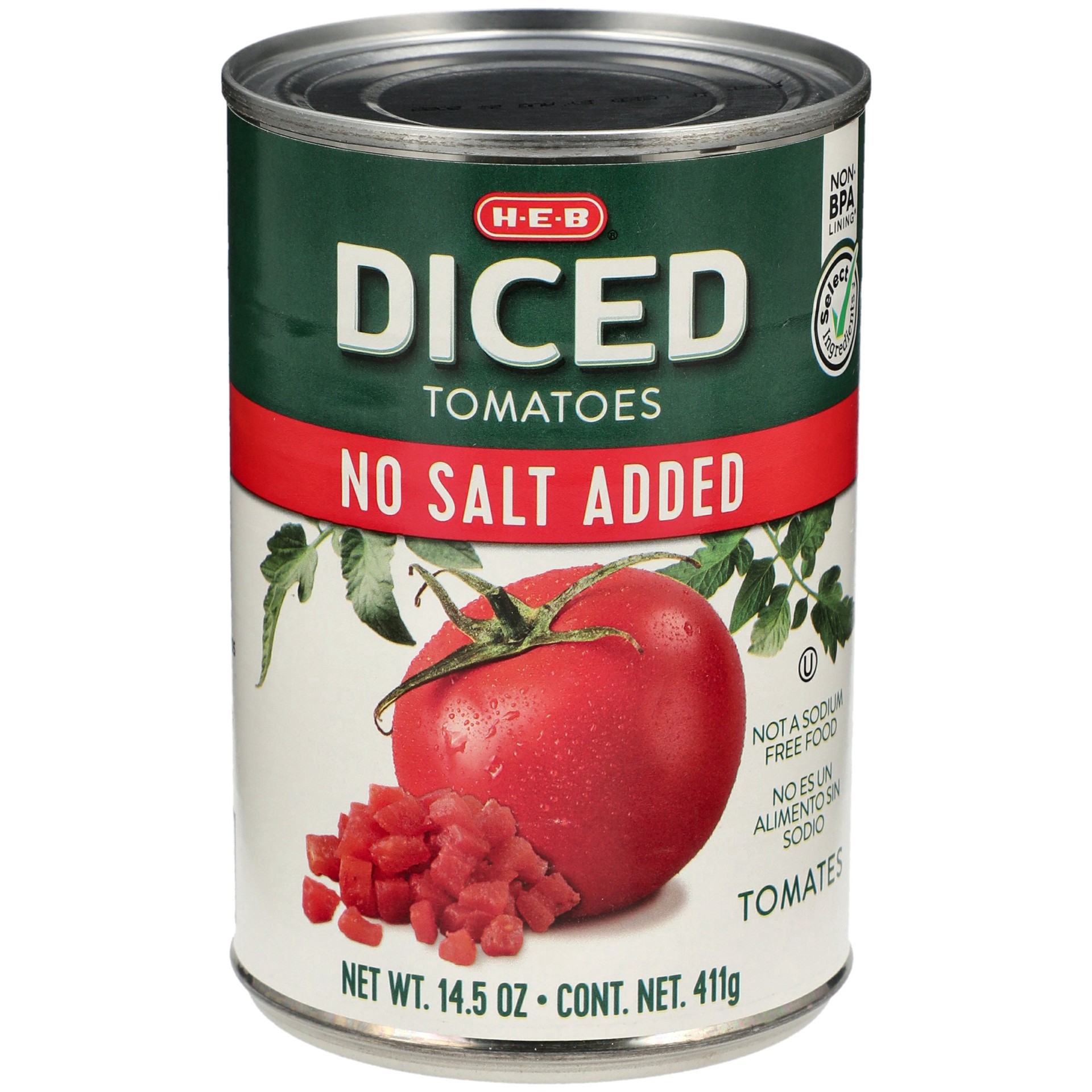 slide 1 of 1, H-E-B Diced Tomatoes No Salt Added, 14.5 oz