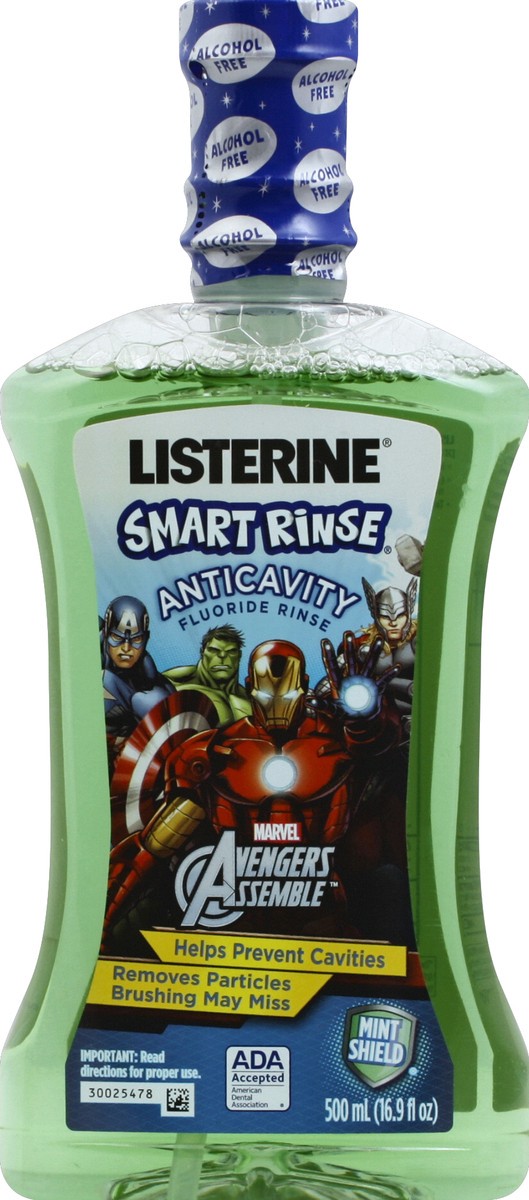 slide 3 of 6, Listerine Smart Rinse Kids Alcohol-Free Anticavity Fluoride Mouthwash Featuring Marvel Avengers Packaging, Mint Flavor for Kids Oral Care, 500 mL, 500 ml