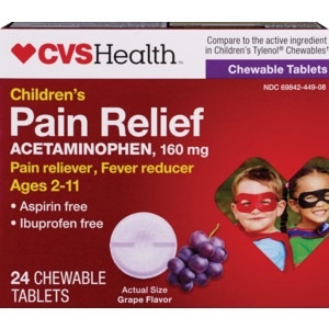 slide 1 of 1, CVS Health Children's Acetaminophen Pain Reliever, Fever Reducer Chewable Tablets, Grape, 24 Ct, 24 ct