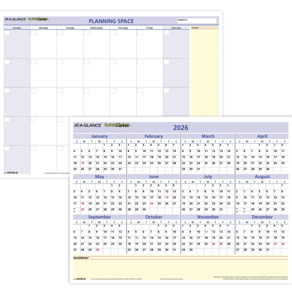 slide 2 of 8, AT-A-GLANCE® QuickNotes® 2026 Reversible Erasable Monthly Yearly Wall Calendar, Small, 16"" x 12"", 1 ct