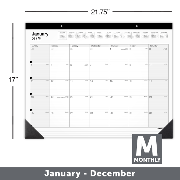 slide 2 of 2, Office Depot Brand Monthly Desk Pad Calendar, 21 3/4"" x 17"", White/Black, January 2026 to December 2026, SP24D0026, 1 ct