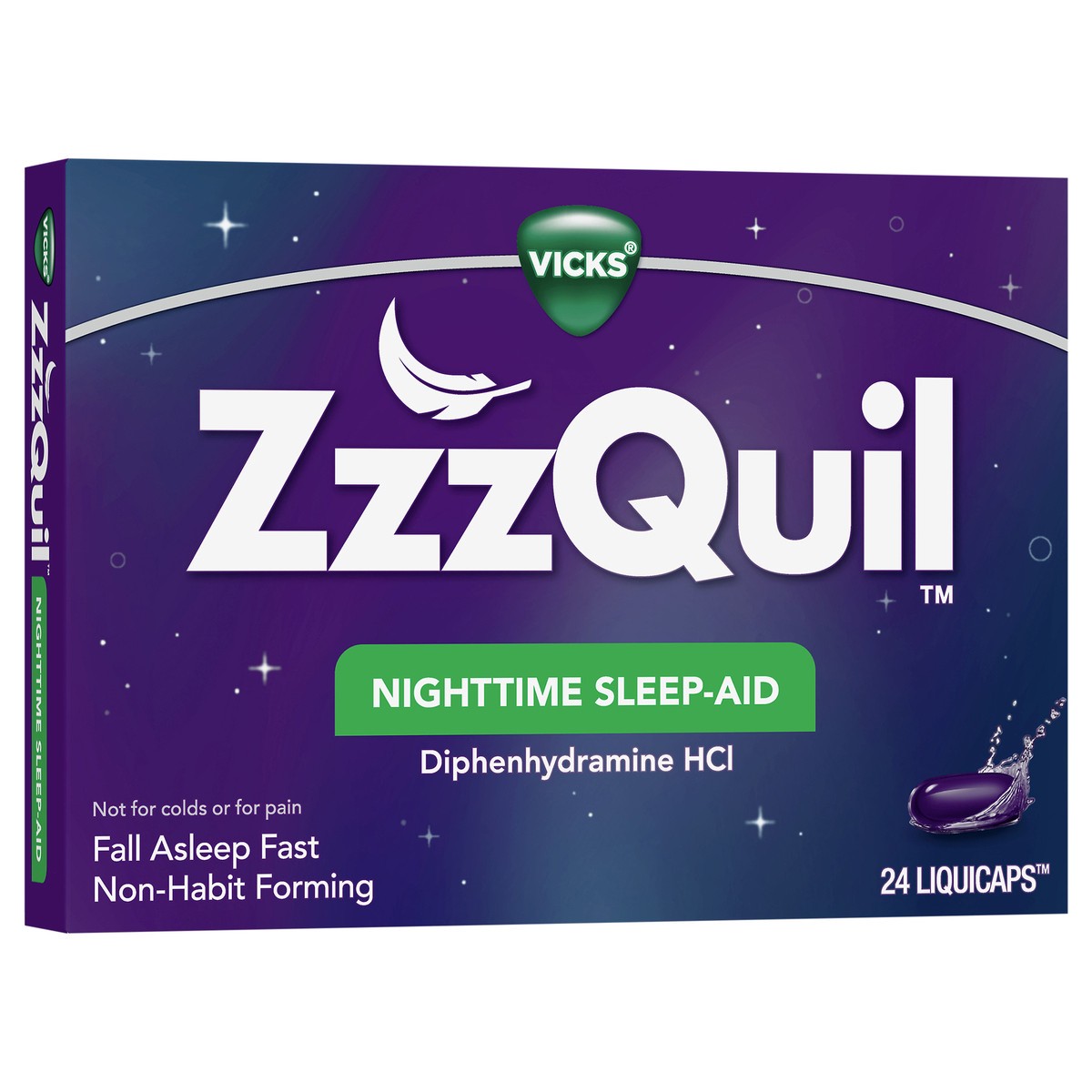 slide 2 of 5, Vicks ZzzQuil Nighttime Sleep Aid, Non-Habit Forming, Fall Asleep Fast and Wake Refreshed, 24 Count LiquiCaps, 24 ct