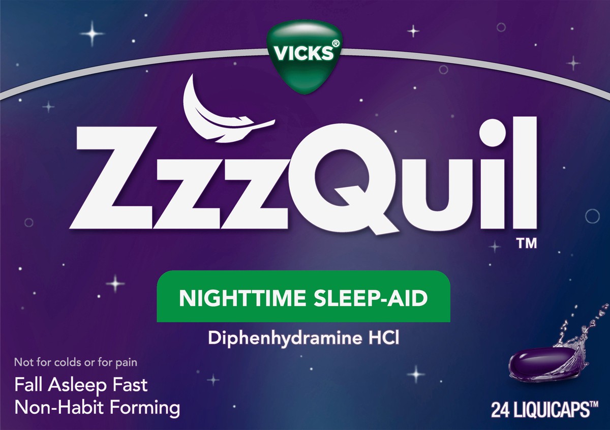 slide 5 of 5, Vicks ZzzQuil Nighttime Sleep Aid, Non-Habit Forming, Fall Asleep Fast and Wake Refreshed, 24 Count LiquiCaps, 24 ct