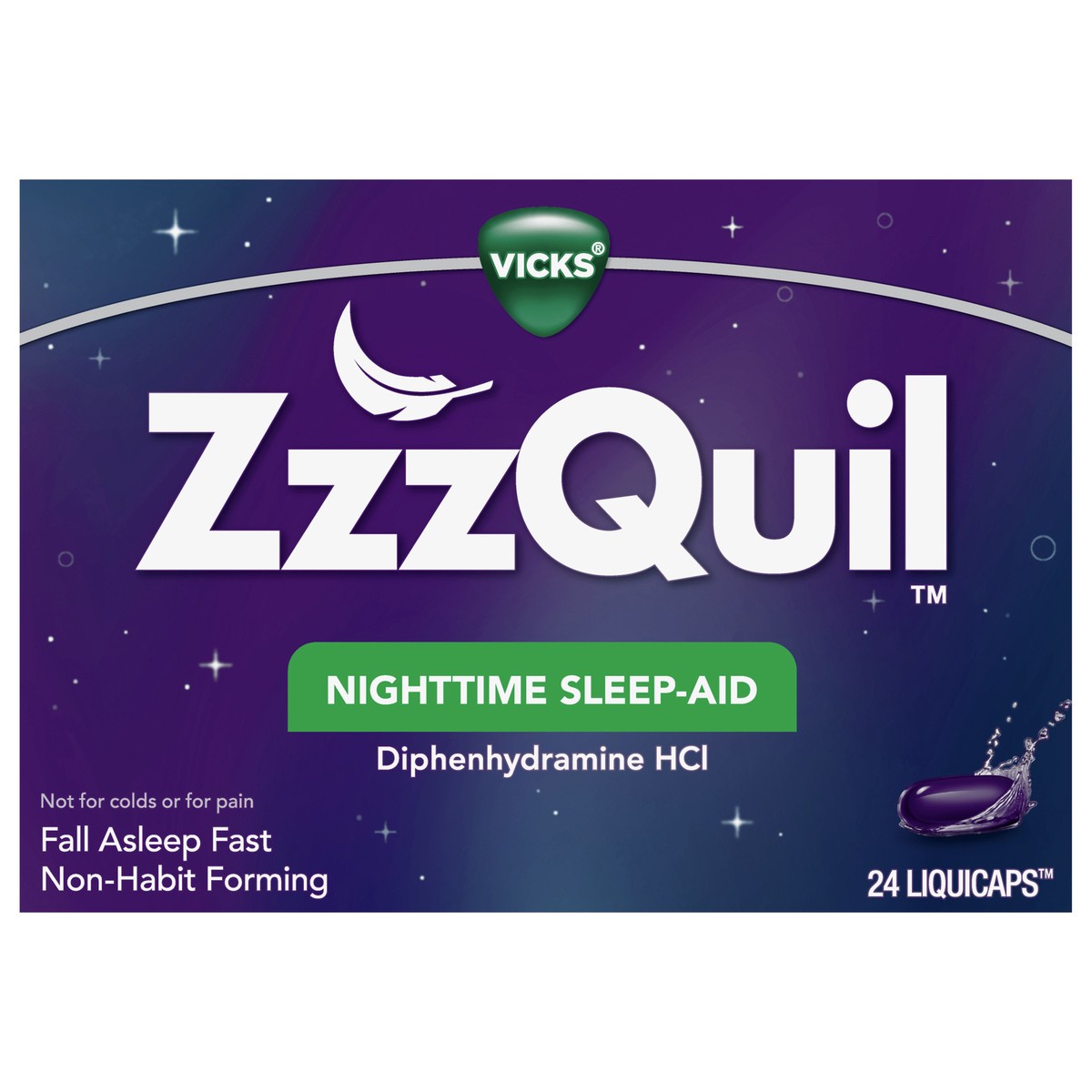 slide 1 of 5, Vicks ZzzQuil, Nighttime Sleep Aid LiquiCaps, 25 mg Diphenhydramine HCl, No.1 Sleep-Aid Brand, Non-Habit Forming, Fall Asleep Fast, 24 Count, 24 ct