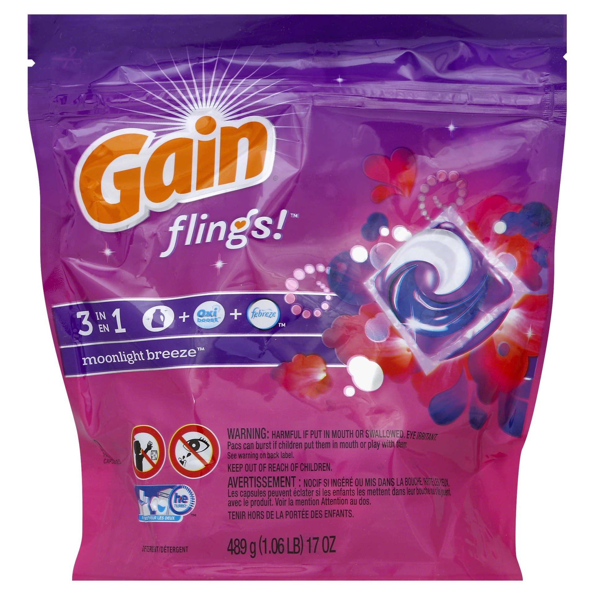 slide 1 of 2, Gain Flings! 3 in 1 Moonlight Breeze Detergent Pacs, 20 ct