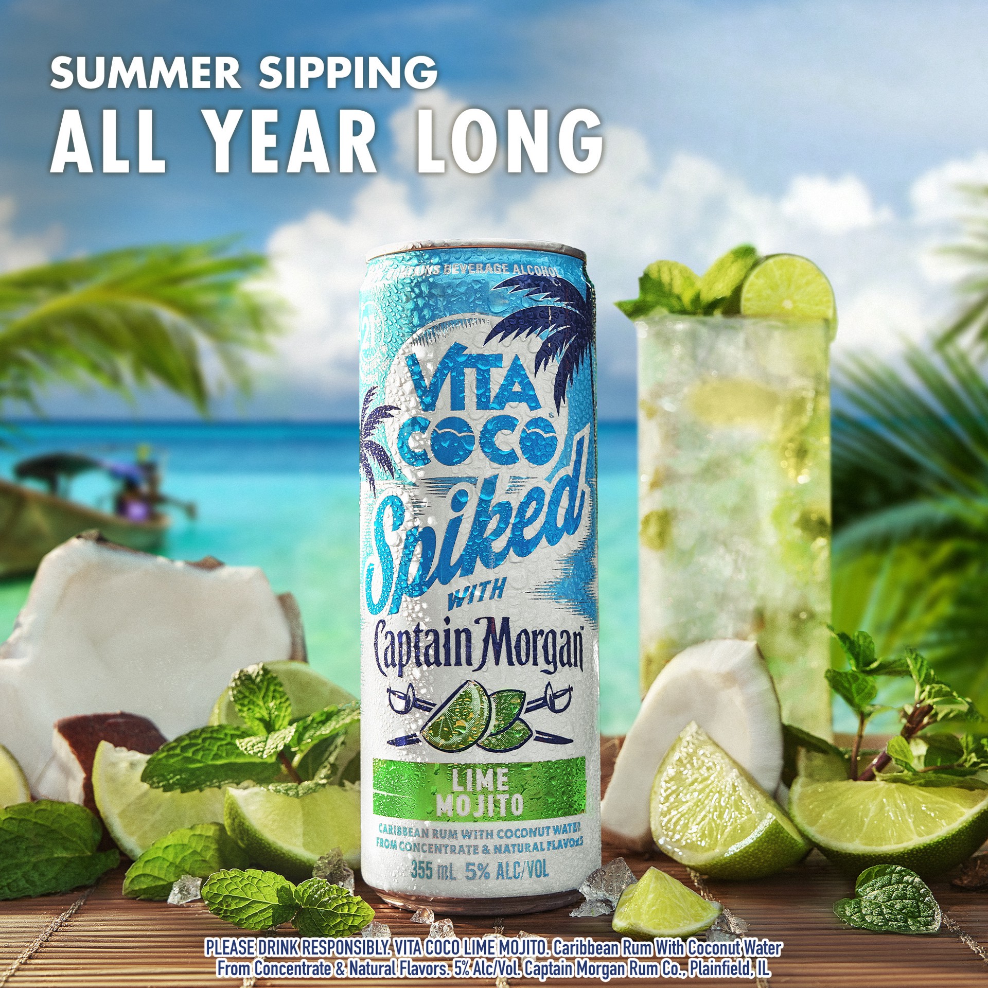 slide 2 of 7, Vita Coco Spiked with Captain Morgan Lime Mojito, 4-PACK (4 x 12 fl oz), 1420 ml