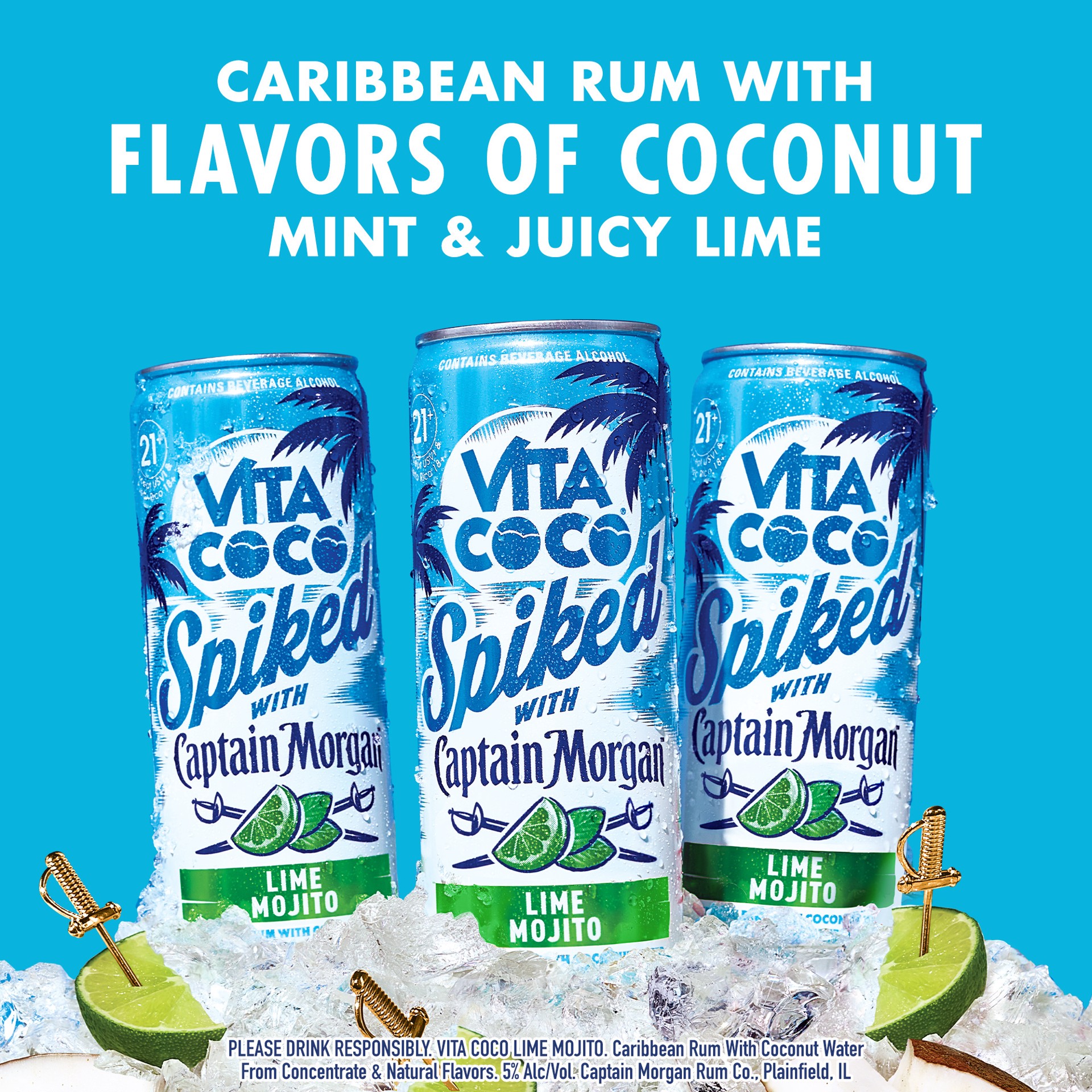 slide 5 of 7, Vita Coco Spiked with Captain Morgan Lime Mojito, 4-PACK (4 x 12 fl oz), 1420 ml