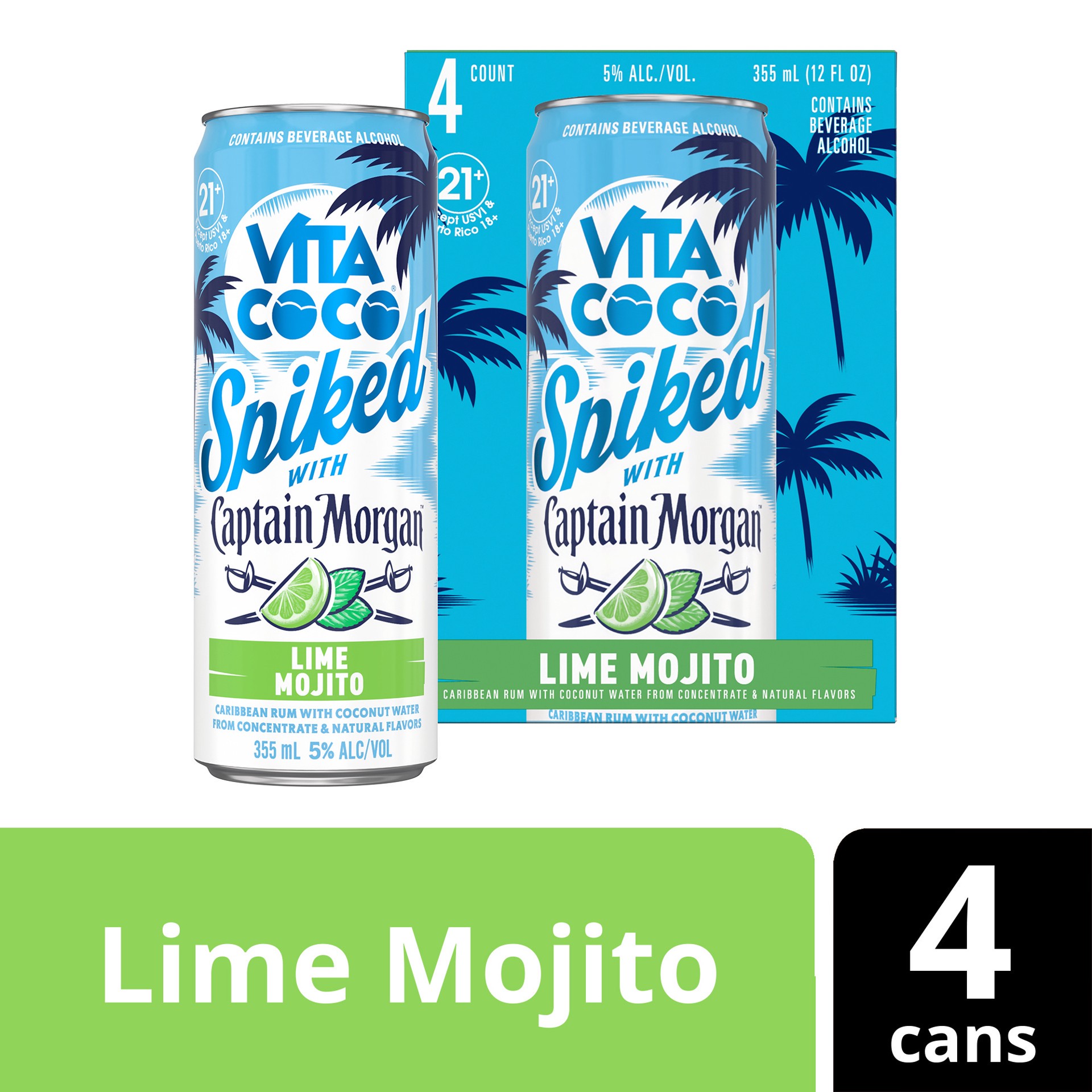slide 1 of 7, Vita Coco Spiked with Captain Morgan Lime Mojito, 4-PACK (4 x 12 fl oz), 1420 ml