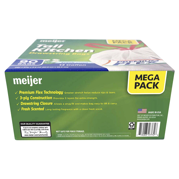 slide 8 of 9, Meijer Tall Kitchen Drawstring Bags Premium Flex Fresh Scented, 13 gal, 90 ct