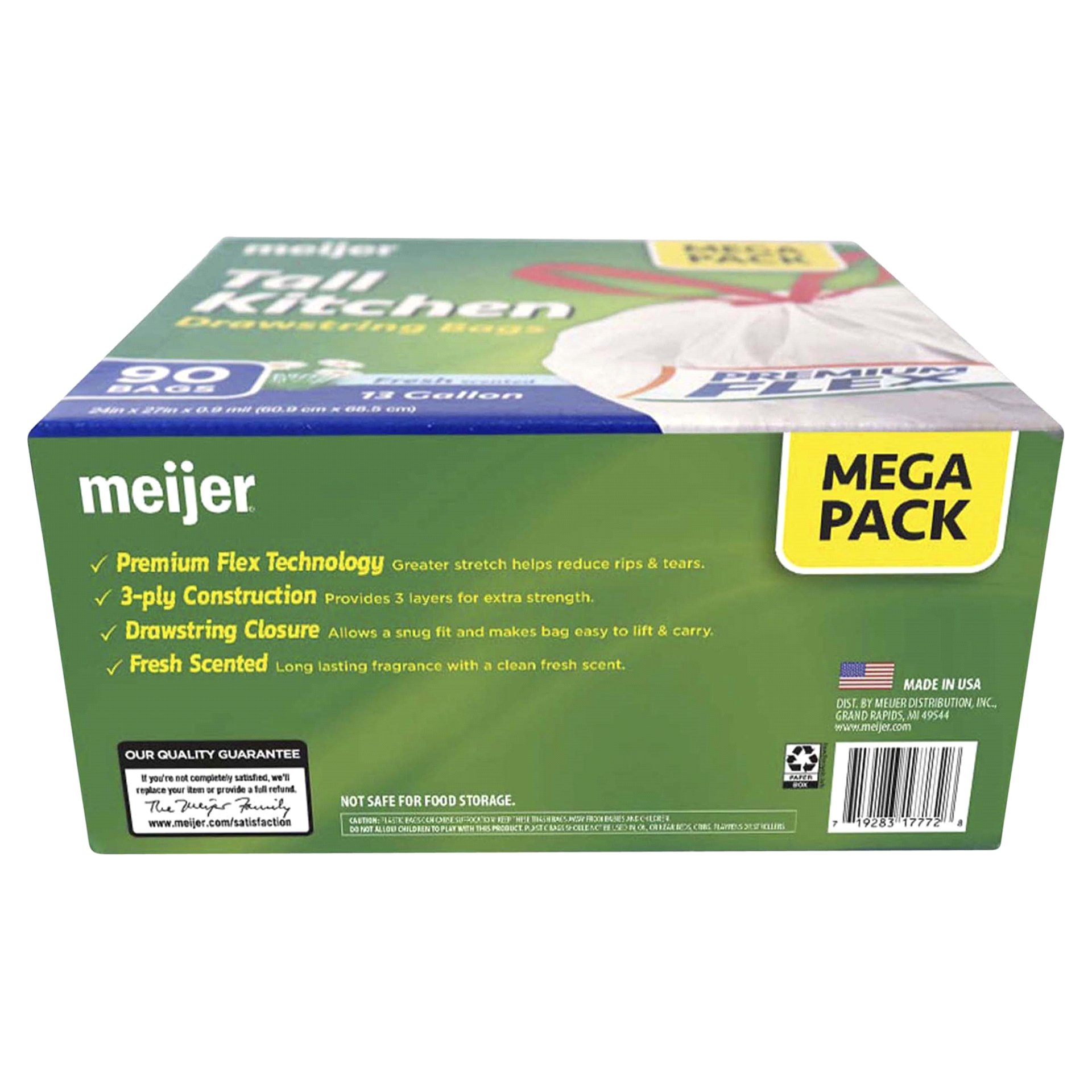 slide 9 of 9, Meijer Tall Kitchen Drawstring Bags Premium Flex Fresh Scented, 13 gal, 90 ct