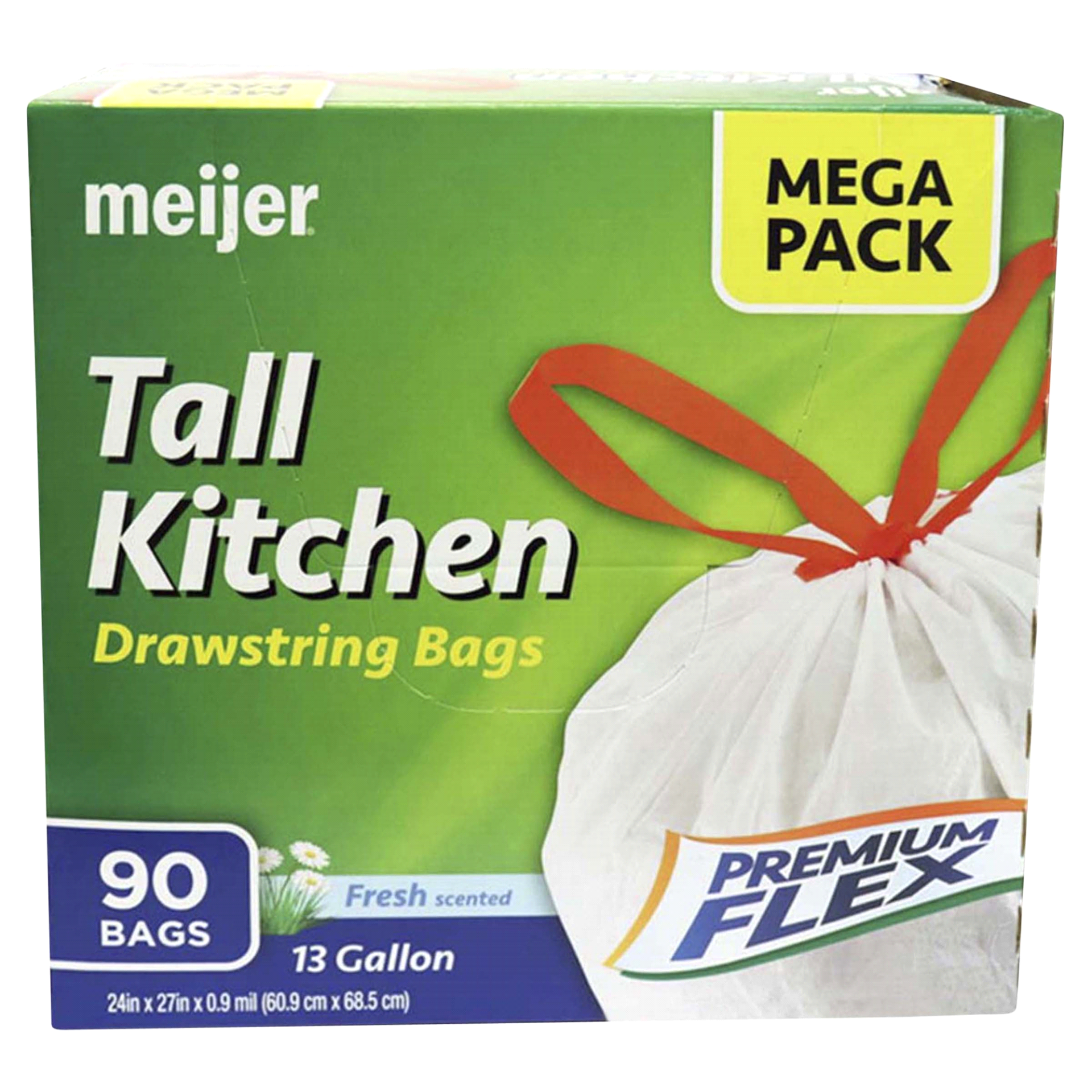 slide 1 of 9, Meijer Tall Kitchen Drawstring Bags Premium Flex Fresh Scented, 13 gal, 90 ct