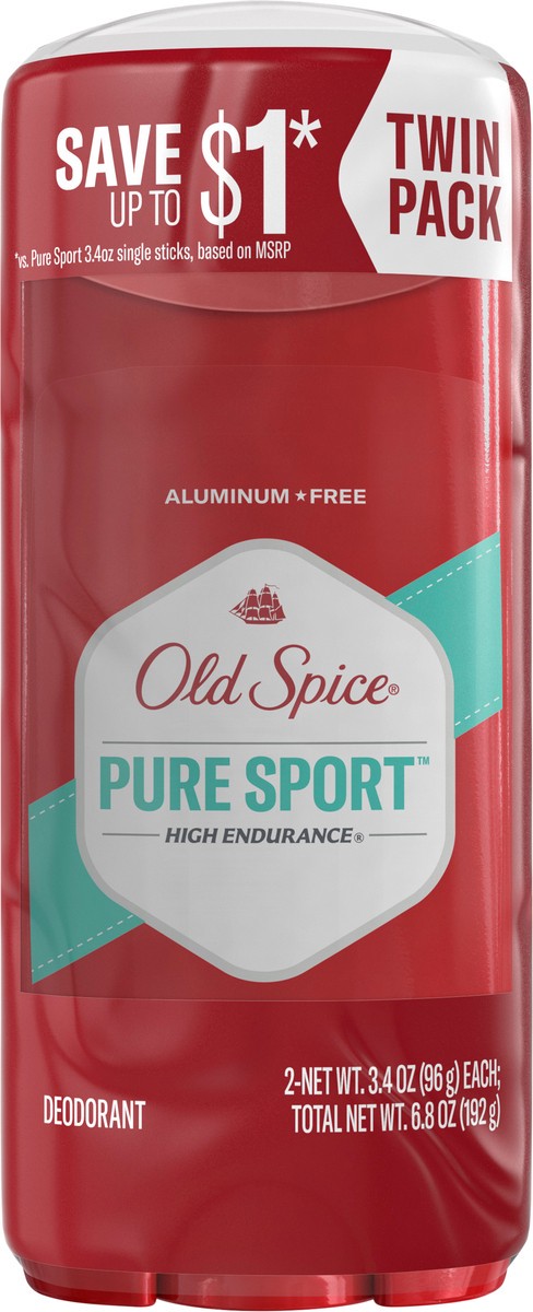 slide 6 of 7, Old Spice Aluminum Free Deodorant for Men, High Endurance Pure Sport, 3.4 oz, Twin Pack, 2 ct