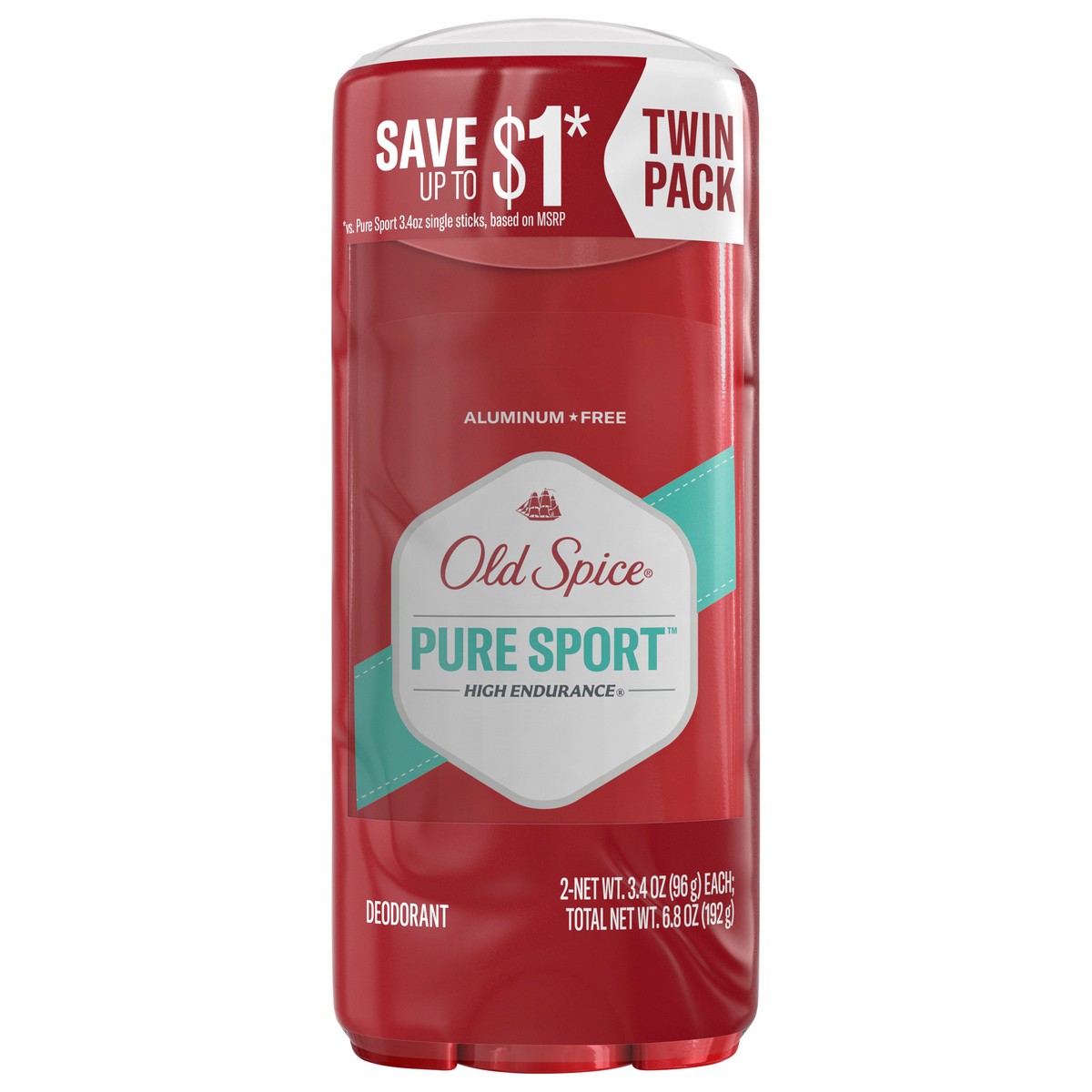 slide 5 of 7, Old Spice Aluminum Free Deodorant for Men, High Endurance Pure Sport, 3.4 oz, Twin Pack, 2 ct