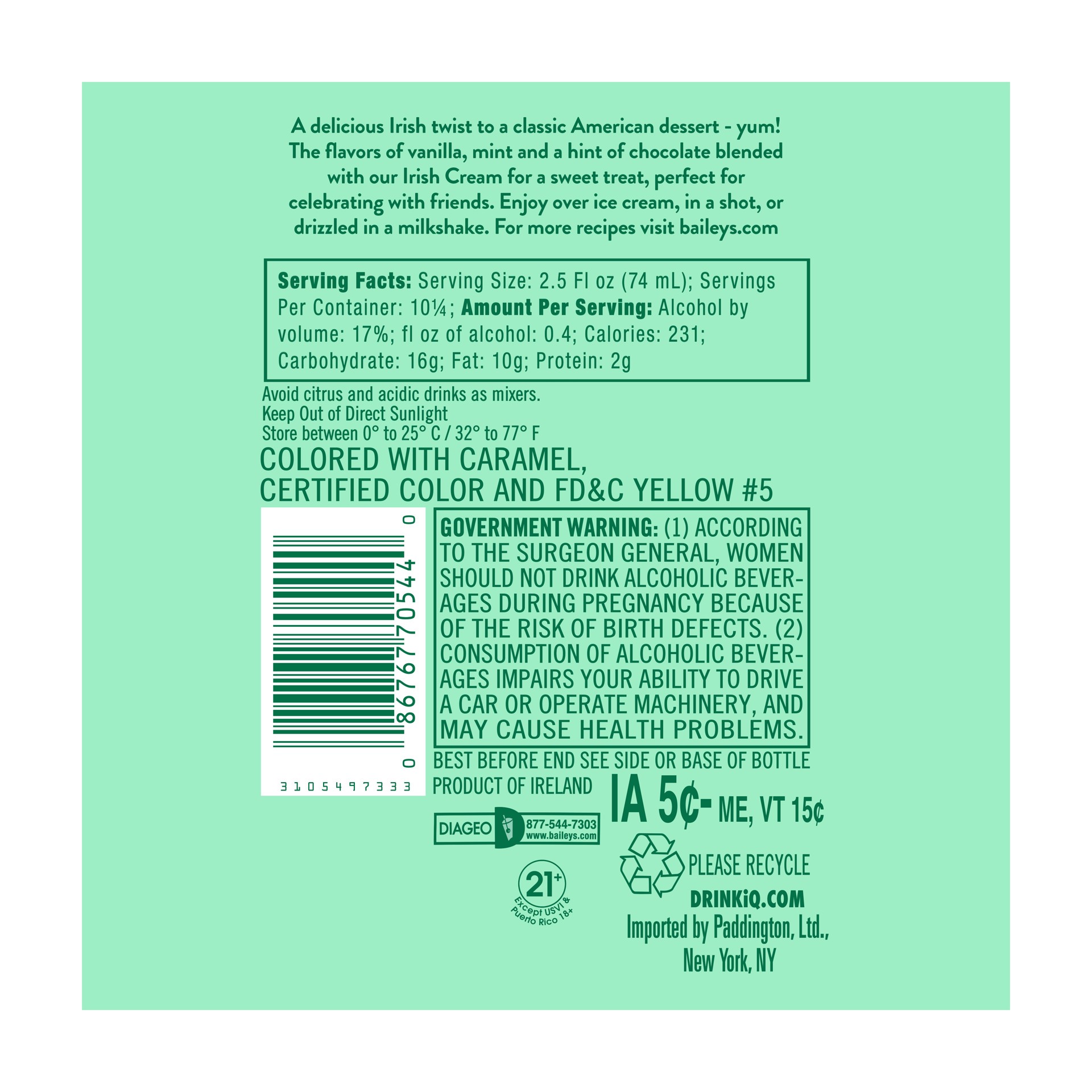 slide 2 of 8, Bailey's Baileys Vanilla Mint Shake Limited Edition Cream Liqueur Bottle, 750 ml