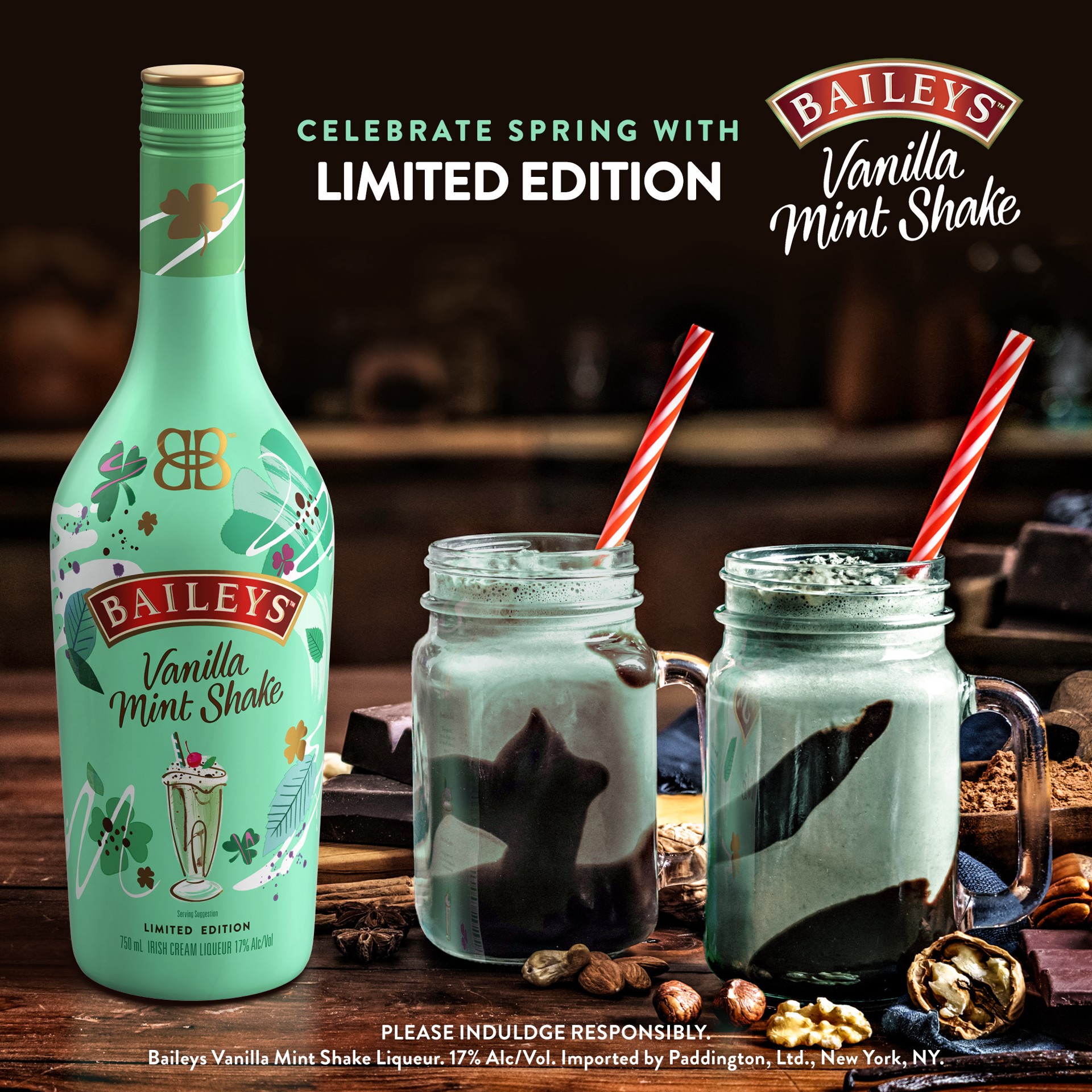 slide 7 of 8, Bailey's Baileys Vanilla Mint Shake Limited Edition Cream Liqueur Bottle, 750 ml