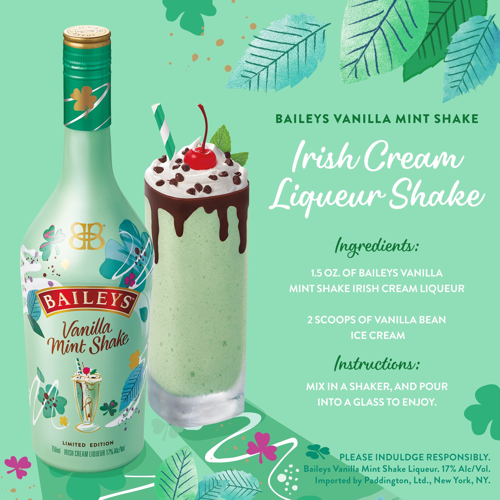 slide 5 of 8, Bailey's Baileys Vanilla Mint Shake Limited Edition Cream Liqueur Bottle, 750 ml