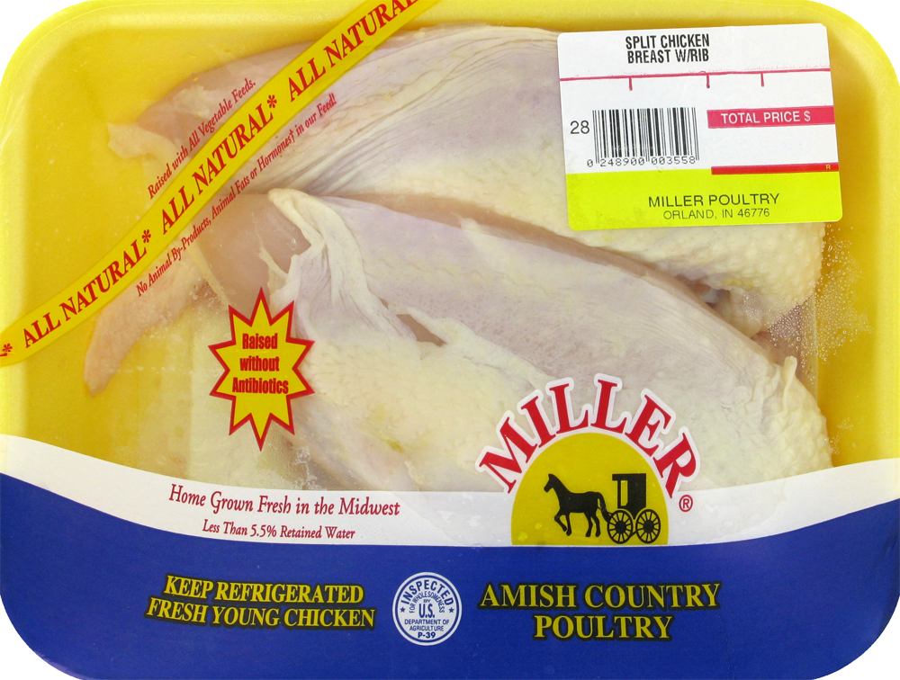 slide 1 of 4, Miller Split Chicken Breast With Rib 2 Halves Per Pack, per lb