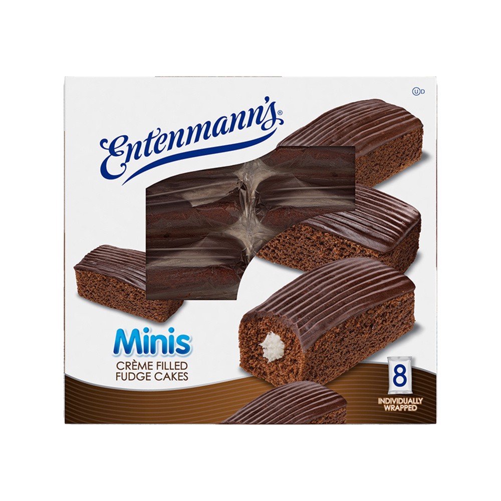 slide 1 of 9, Entenmann's Minis Crème Filled Fudge Cakes, 8 Individually Wrapped Snack Cakes, 13.8 oz, 8 ct