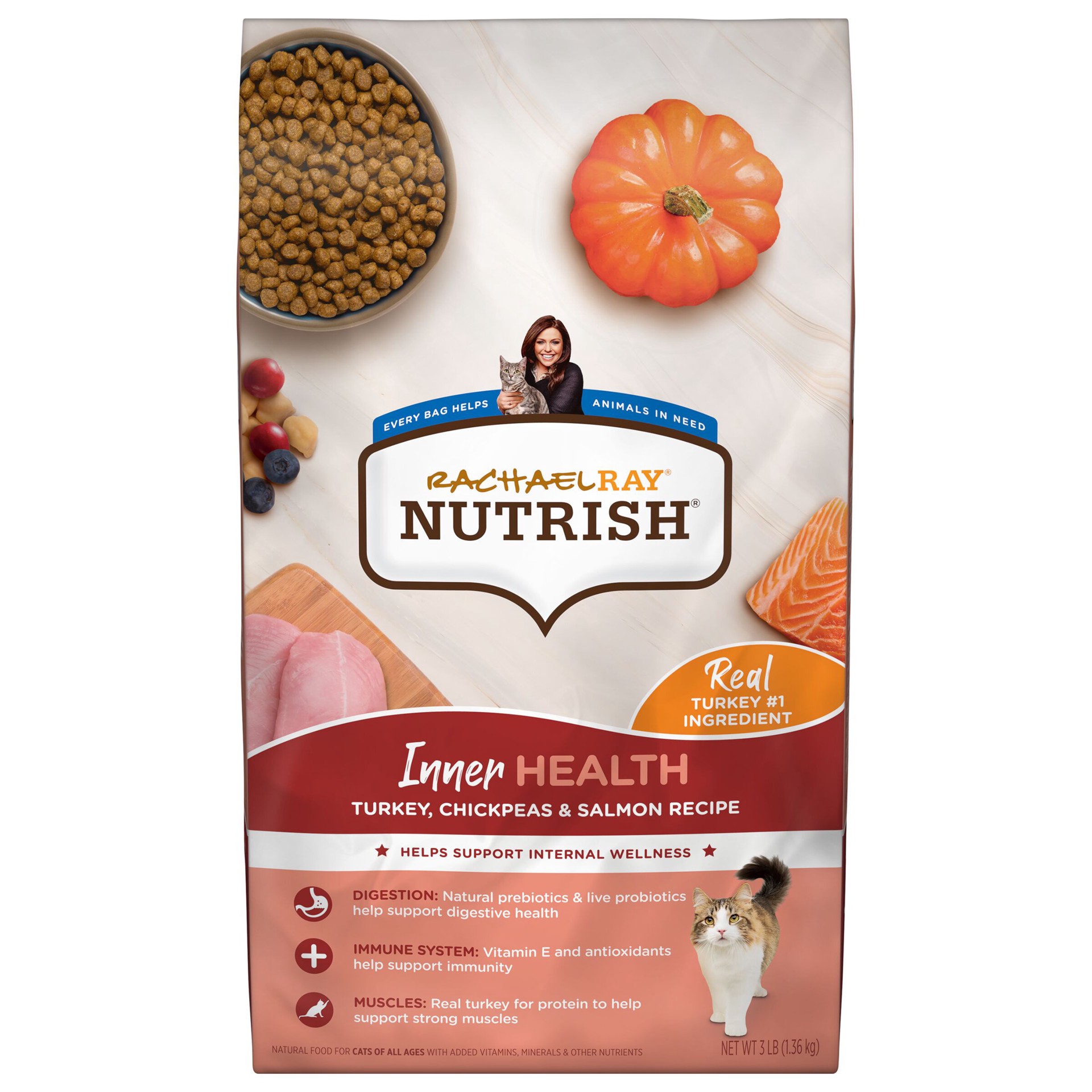 slide 1 of 9, Rachael Ray Nutrish Inner Health Turkey, Chickpeas & Salmon Recipe Dry Cat Food, 3 lb. Bag, 3 lb