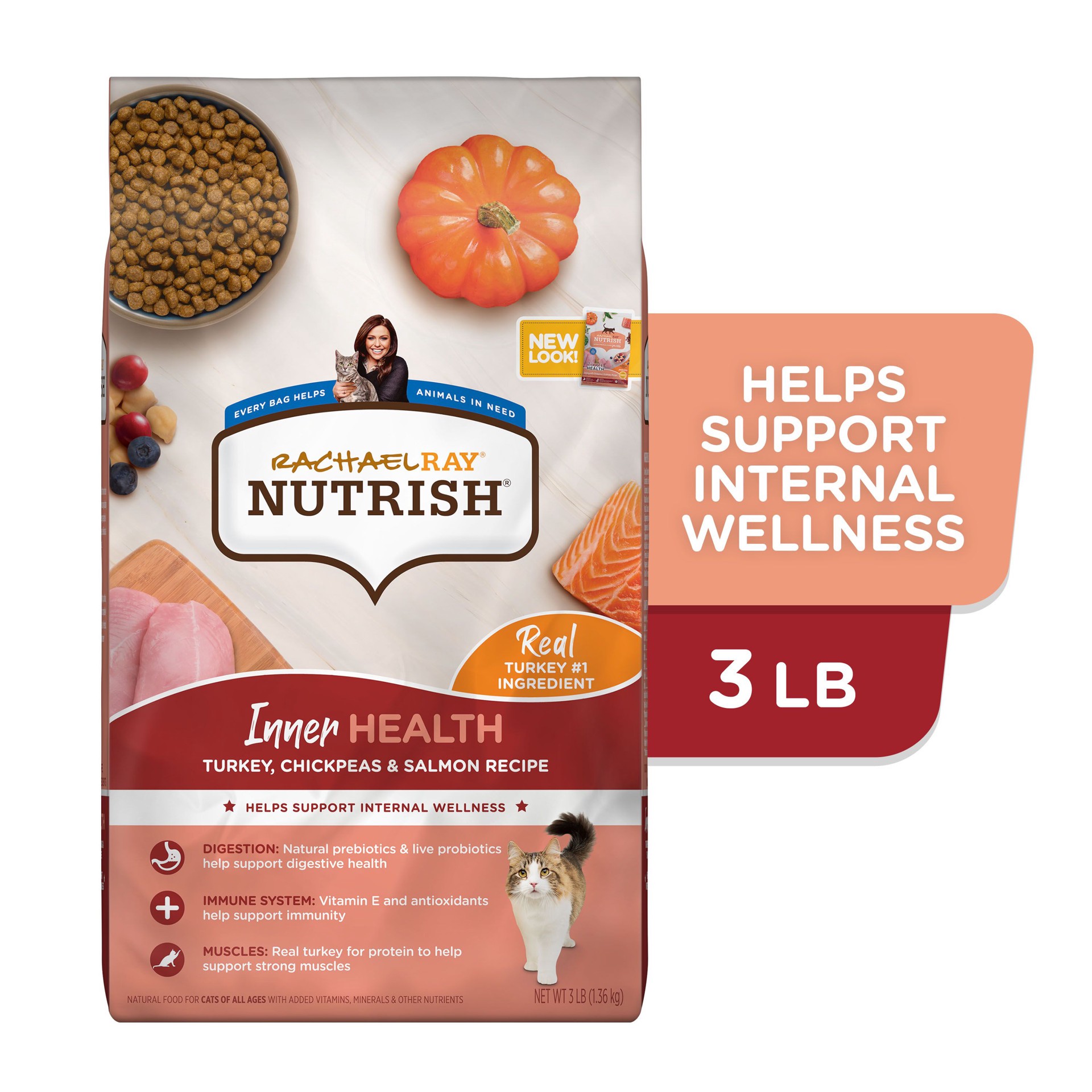 slide 7 of 9, Rachael Ray Nutrish Inner Health Turkey, Chickpeas & Salmon Recipe Dry Cat Food, 3 lb. Bag, 3 lb