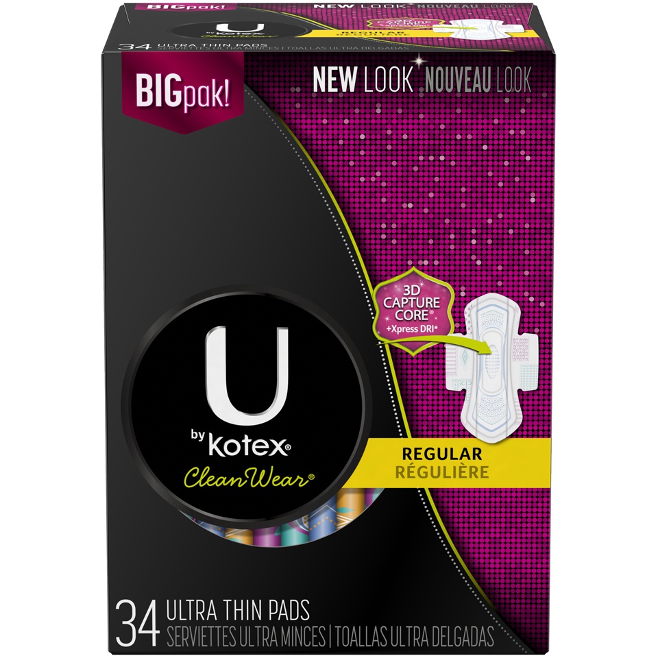 slide 1 of 1, U by Kotex Cleanwear Ultra Thin Regular Unscented Pads With Wings, 34 ct