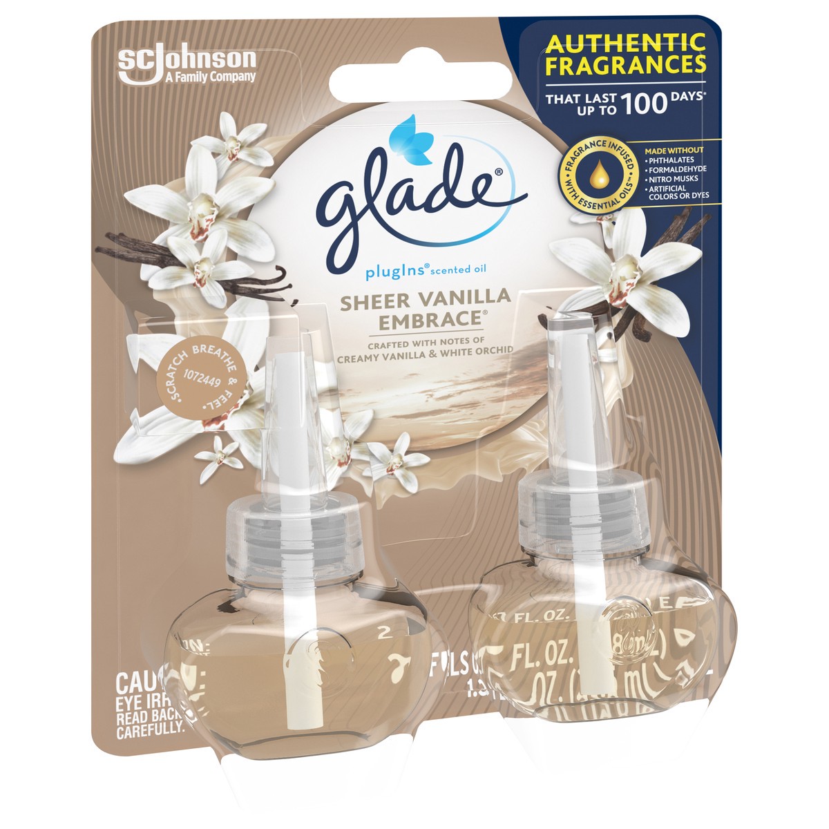 slide 2 of 5, Glade PlugIns Scented Oil 2 Refills, Air Freshener, Sheer Vanilla Embrace, Essential Oil Infused Wall Plug In, 1.34 FL OZ, Pack of 2, 1.34 fl oz