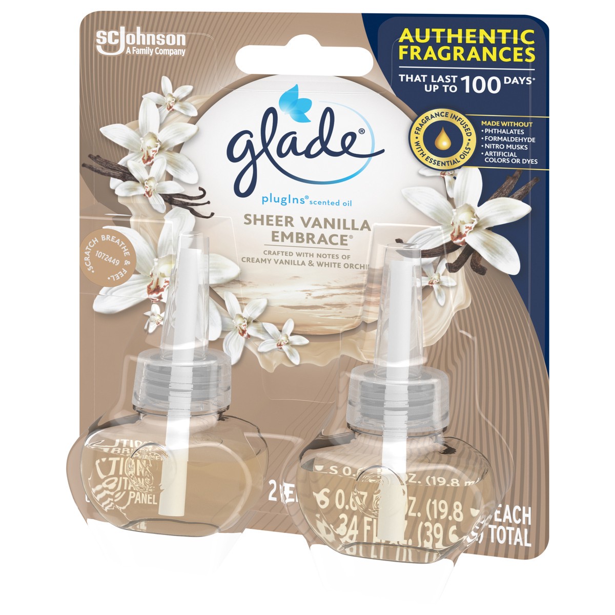 slide 4 of 5, Glade PlugIns Scented Oil 2 Refills, Air Freshener, Sheer Vanilla Embrace, Essential Oil Infused Wall Plug In, 1.34 FL OZ, Pack of 2, 1.34 fl oz