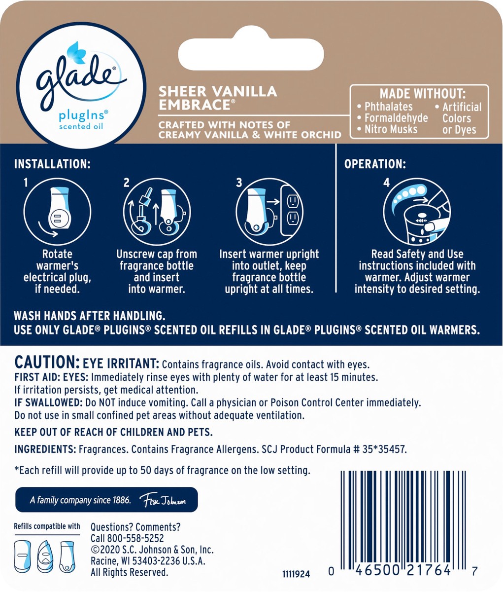slide 3 of 5, Glade PlugIns Scented Oil 2 Refills, Air Freshener, Sheer Vanilla Embrace, Essential Oil Infused Wall Plug In, 1.34 FL OZ, Pack of 2, 1.34 fl oz