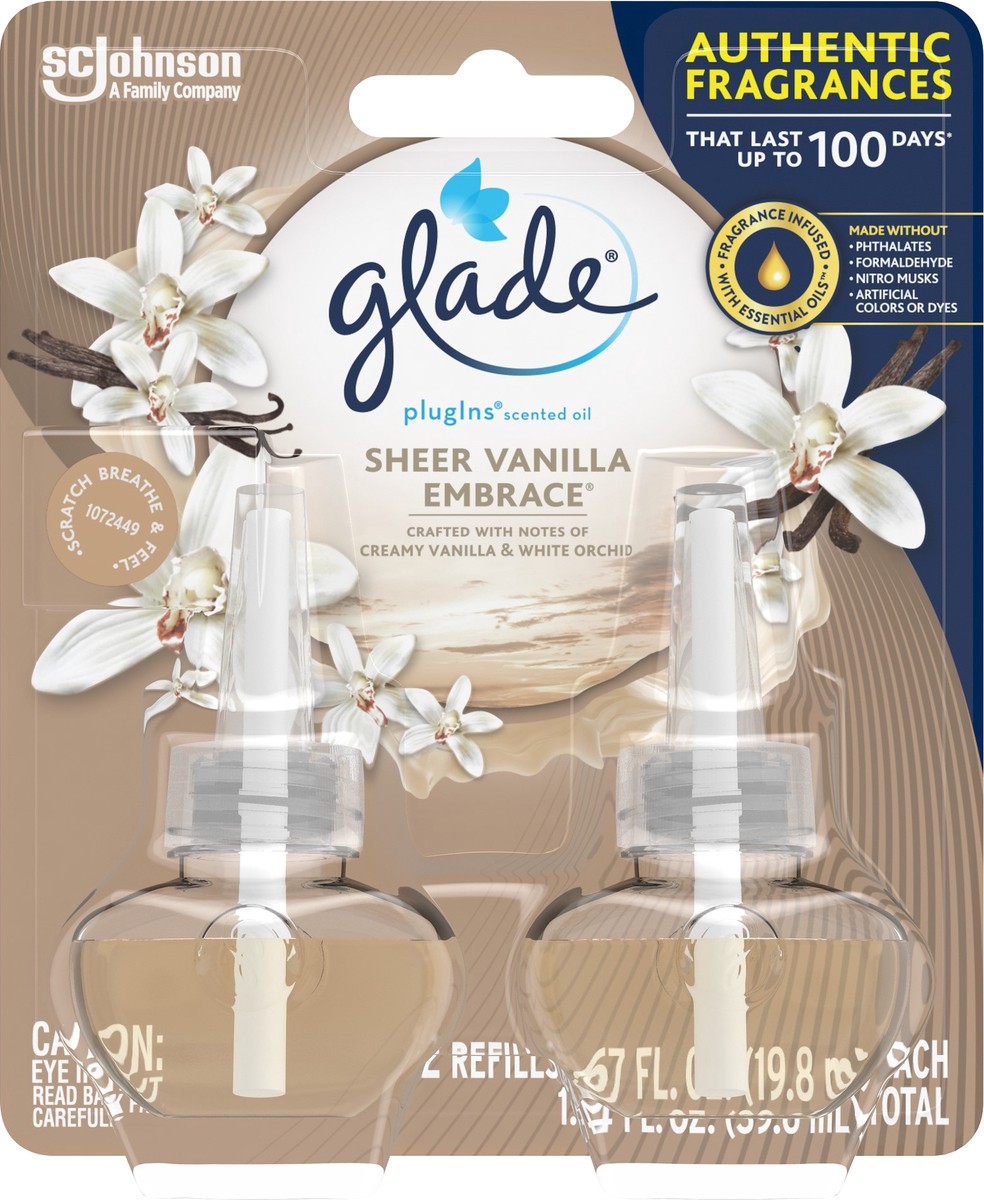slide 5 of 5, Glade PlugIns Scented Oil 2 Refills, Air Freshener, Sheer Vanilla Embrace, Essential Oil Infused Wall Plug In, 1.34 FL OZ, Pack of 2, 1.34 fl oz